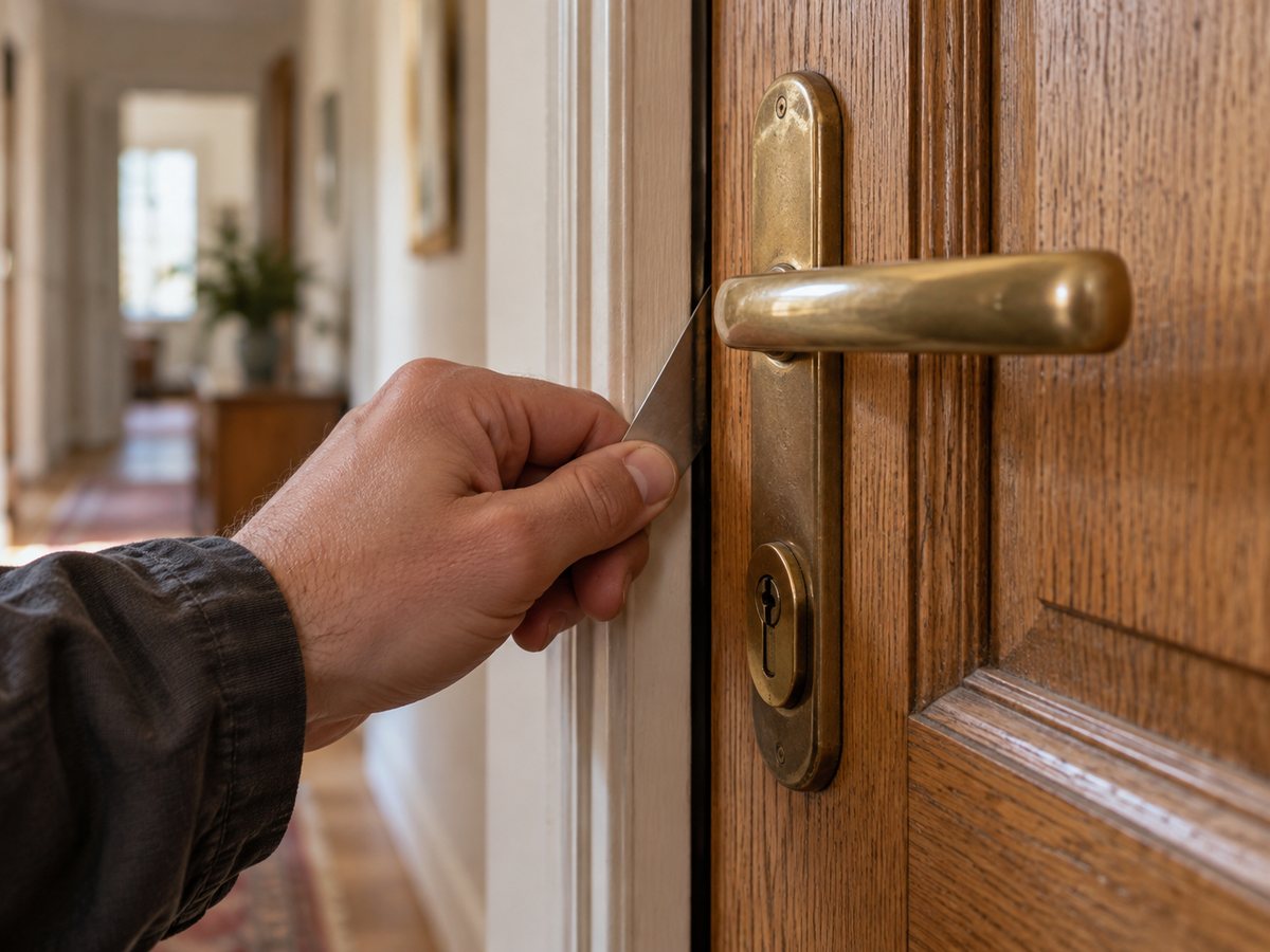 Une main d’artisan glisse un outil fin près de la poignée d’une porte en bois intacte.